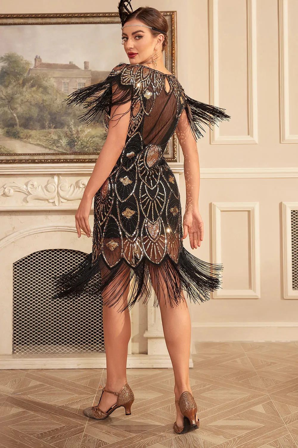 Black Golden Sheath 1920s Great Gatsby Sequin Fringe Flapper Dress with Sleeve sold by Zapaka product image thumbnail 2