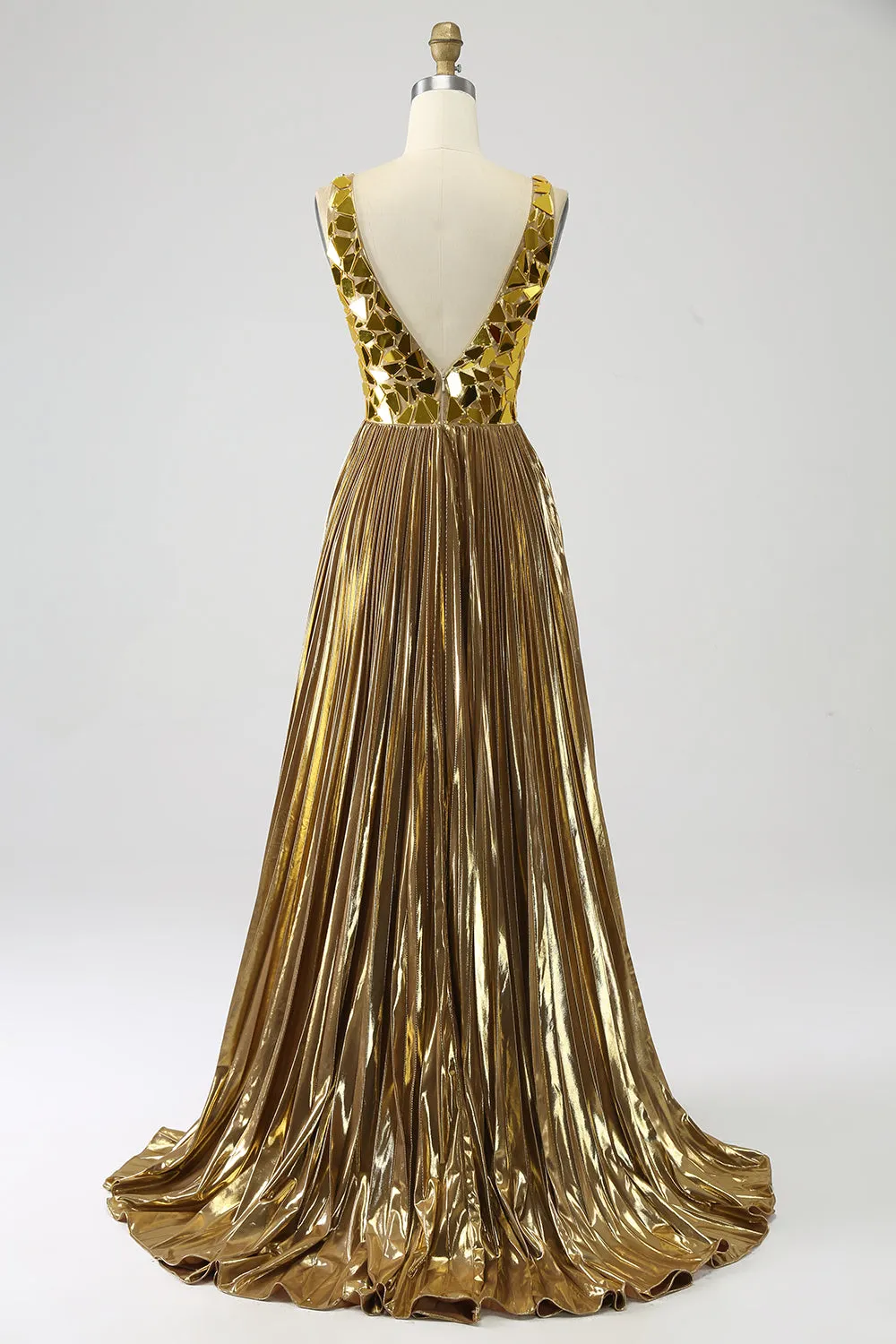 Sparkly A Line Deep V-Neck Golden Long Metallic Prom Dress with Split Front sold by Zapaka product image thumbnail 2