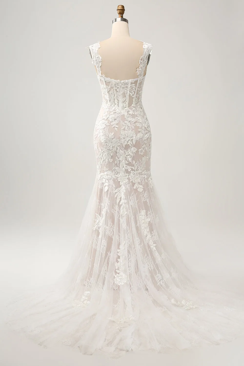 White Mermaid Off the Shoulder Sweep Train Wedding Dress with Applique Lace sold by Zapaka product image thumbnail 5