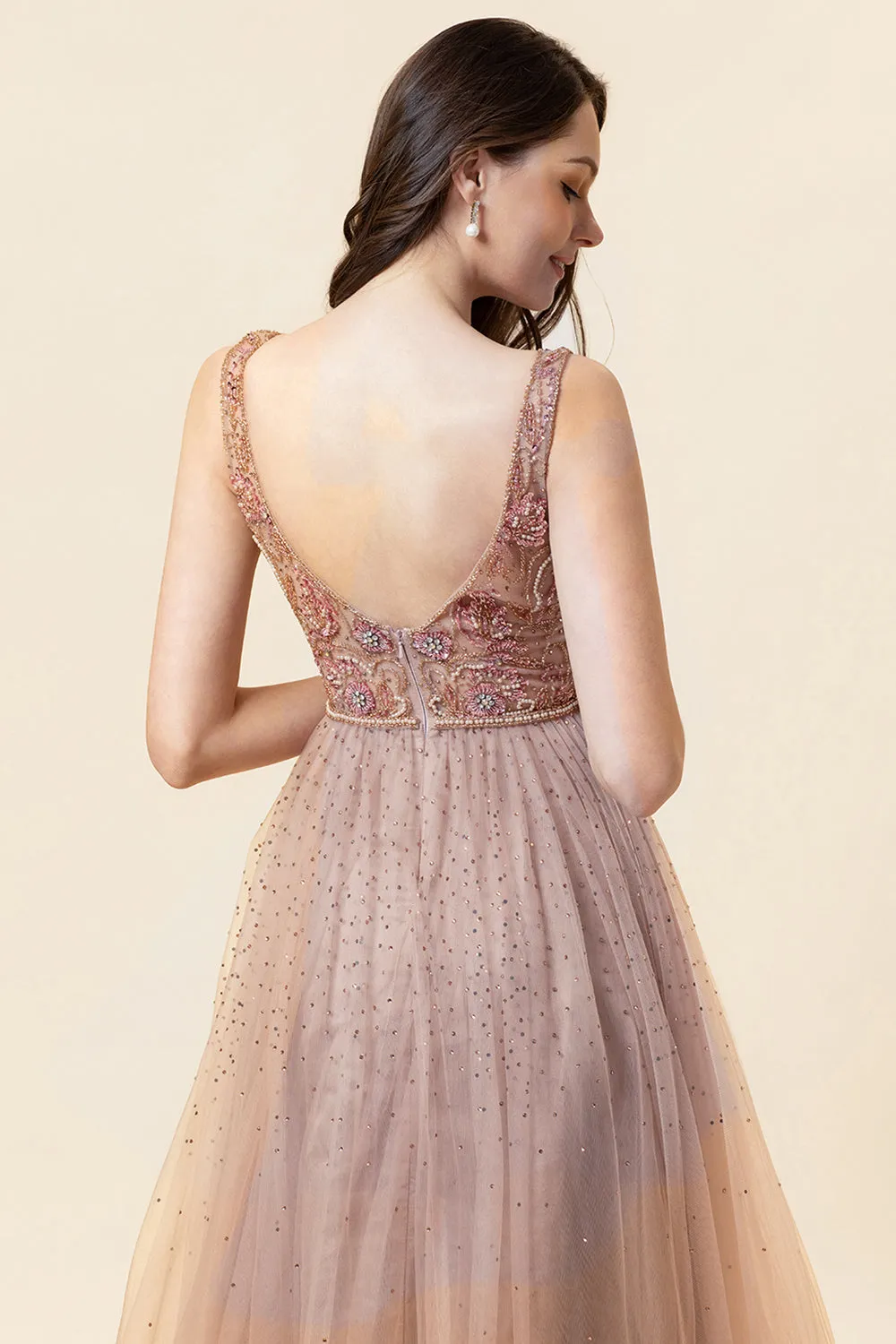 Sparkly Blush Beaded Long Tulle Prom Dress sold by Zapaka product image thumbnail 4
