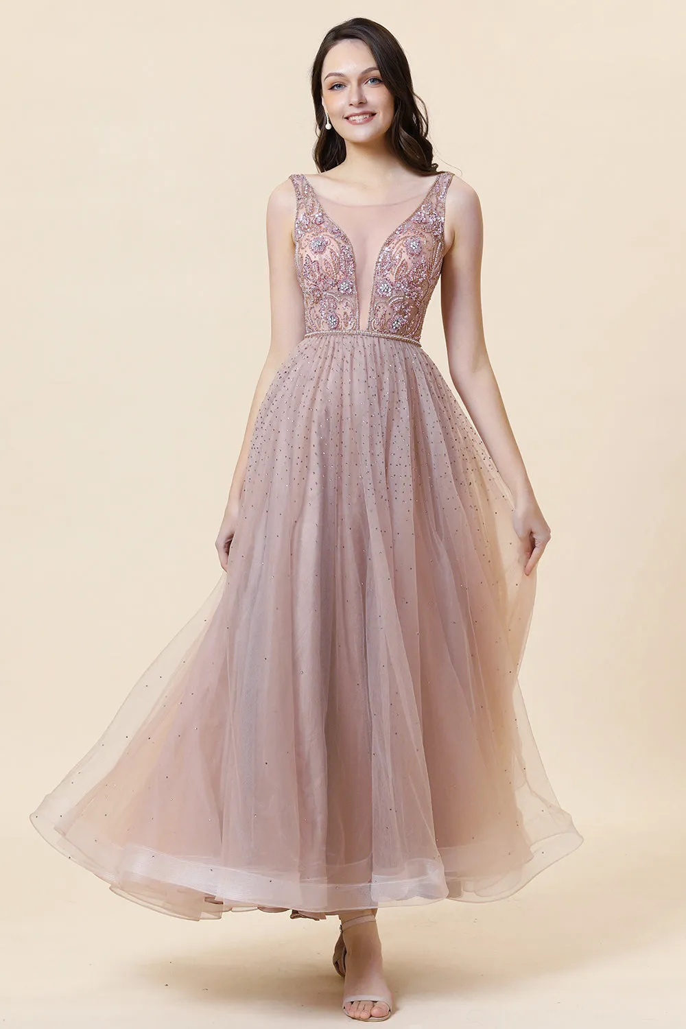 Sparkly Blush Beaded Long Tulle Prom Dress sold by Zapaka