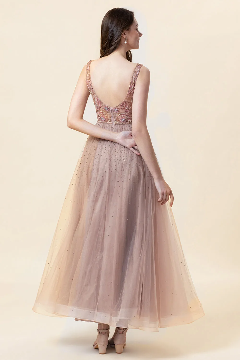 Sparkly Blush Beaded Long Tulle Prom Dress sold by Zapaka product image thumbnail 2