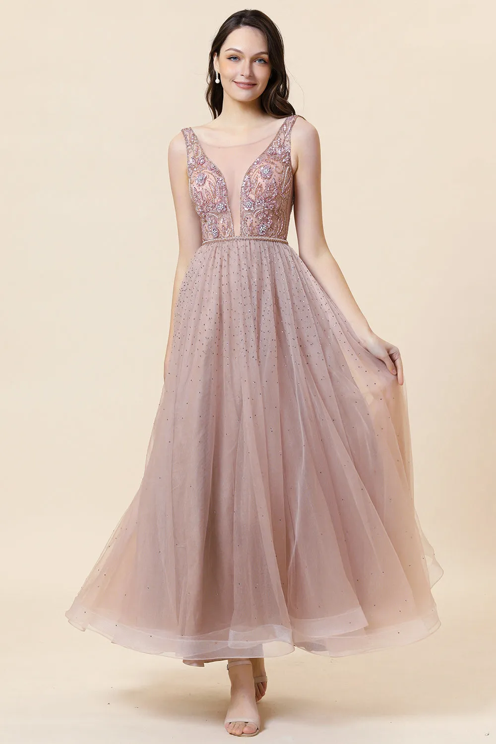 Sparkly Blush Beaded Long Tulle Prom Dress sold by Zapaka product image thumbnail 5