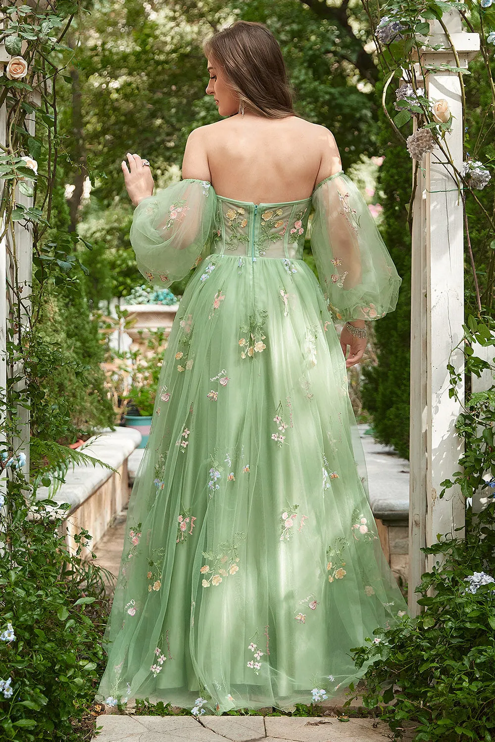 Off The Shoulder Green Long Sleeves A-Line Tull Prom Dress sold by Zapaka product image thumbnail 4