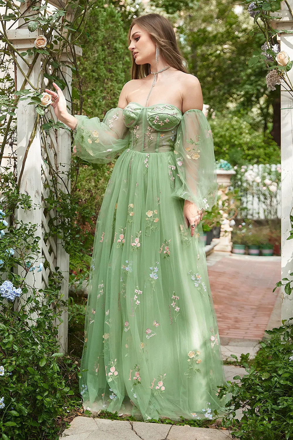 Off The Shoulder Green Long Sleeves A-Line Tull Prom Dress sold by Zapaka