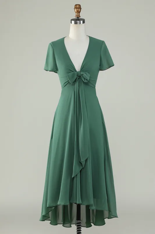 V-Neck Short Sleeves Eucalyptus Bridesmaid Dress With Bow sold by Zapaka
