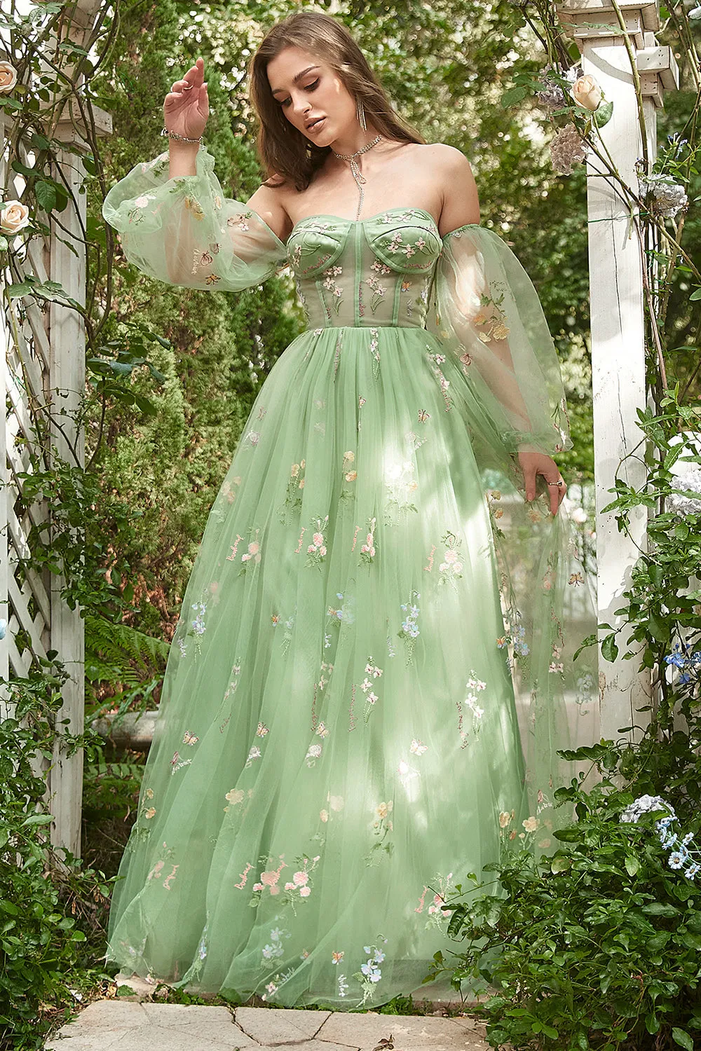 Off The Shoulder Green Long Sleeves A-Line Tull Prom Dress sold by Zapaka product image thumbnail 3