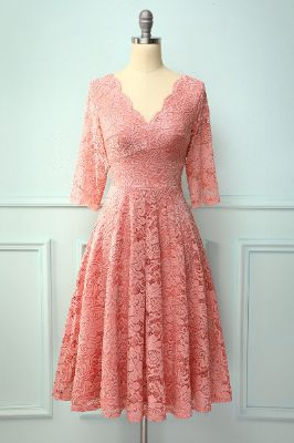 Blush 3/4 Sleeves Lace Formal Party Dress sold by Zapaka