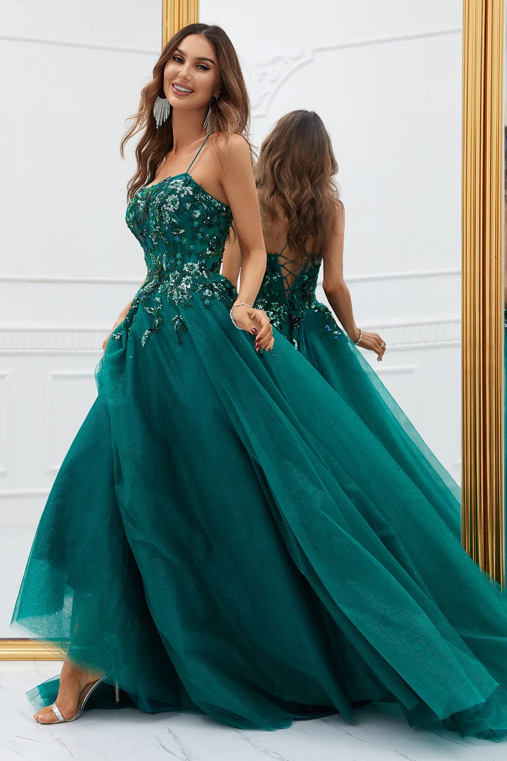 Sparkly Dark Green Tulle Long Prom Dress with Appliques sold by Zapaka product image thumbnail 4
