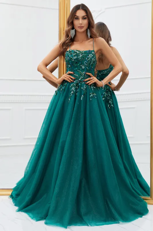 Sparkly Dark Green Tulle Long Prom Dress with Appliques sold by Zapaka