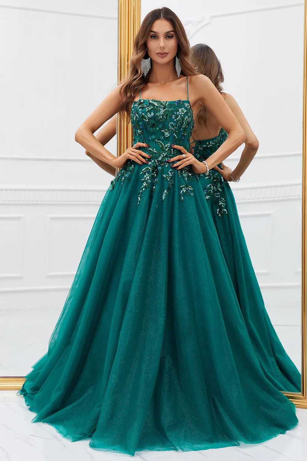 Sparkly Dark Green Tulle Long Prom Dress with Appliques sold by Zapaka