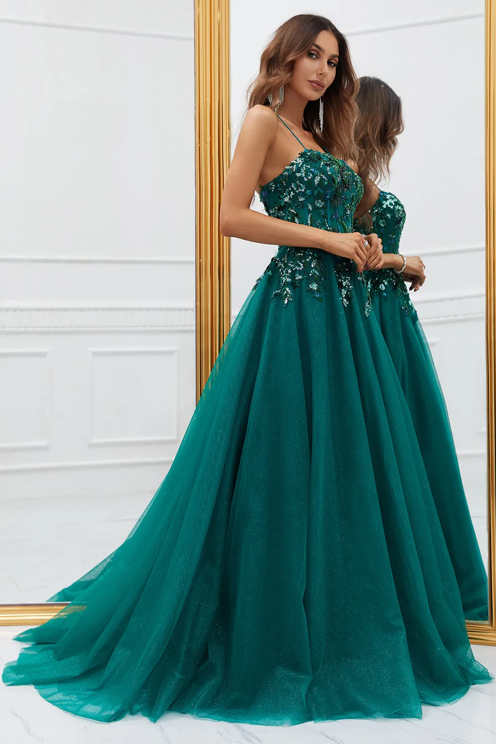 Sparkly Dark Green Tulle Long Prom Dress with Appliques sold by Zapaka product image thumbnail 5