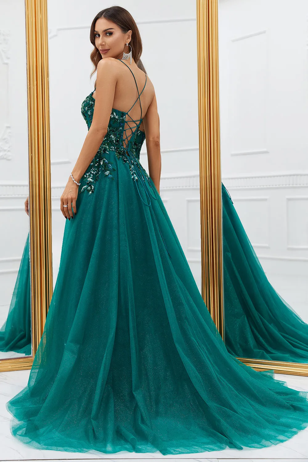 Sparkly Dark Green Tulle Long Prom Dress with Appliques sold by Zapaka product image thumbnail 2