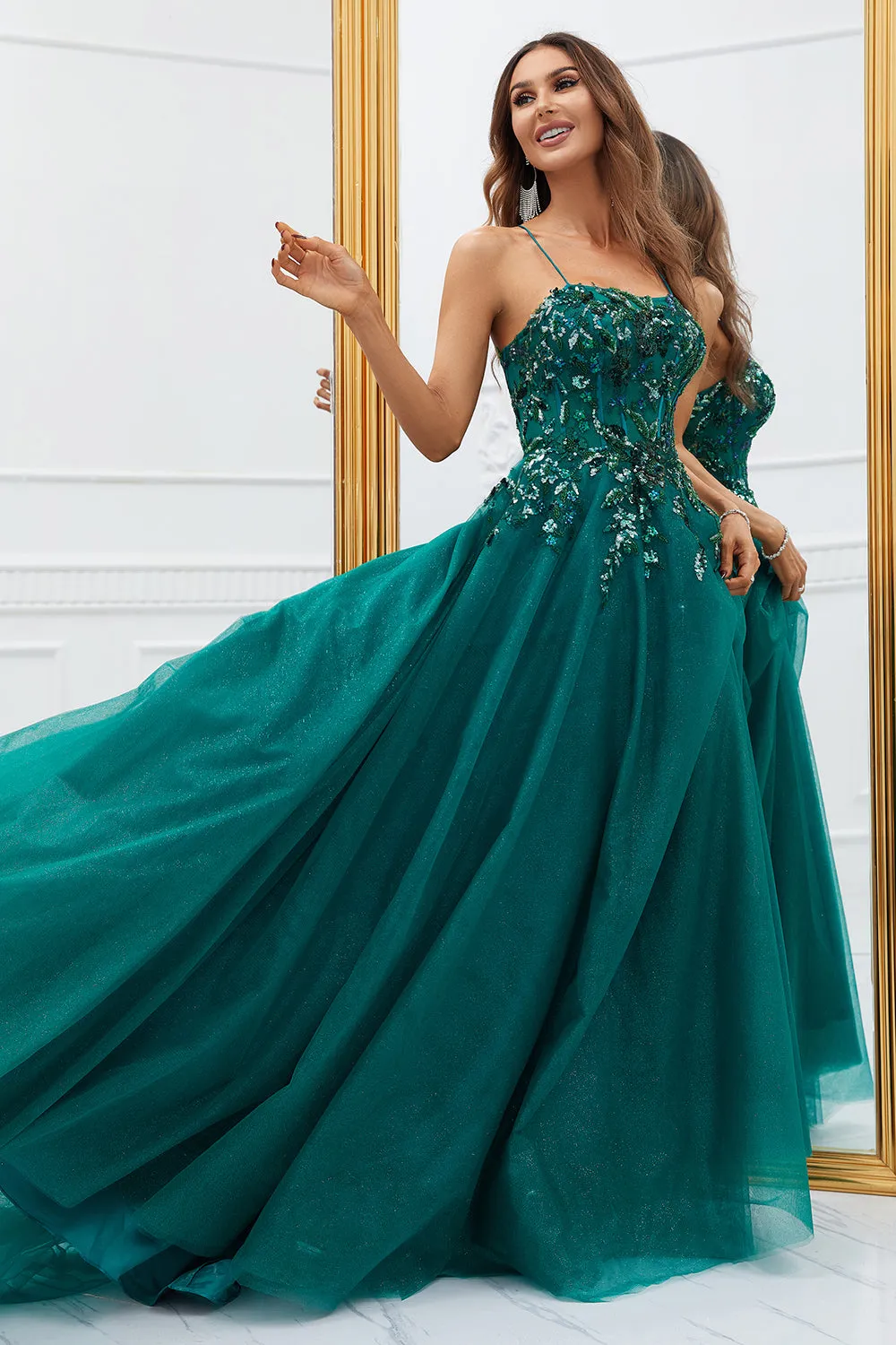 Sparkly Dark Green Tulle Long Prom Dress with Appliques sold by Zapaka product image thumbnail 3