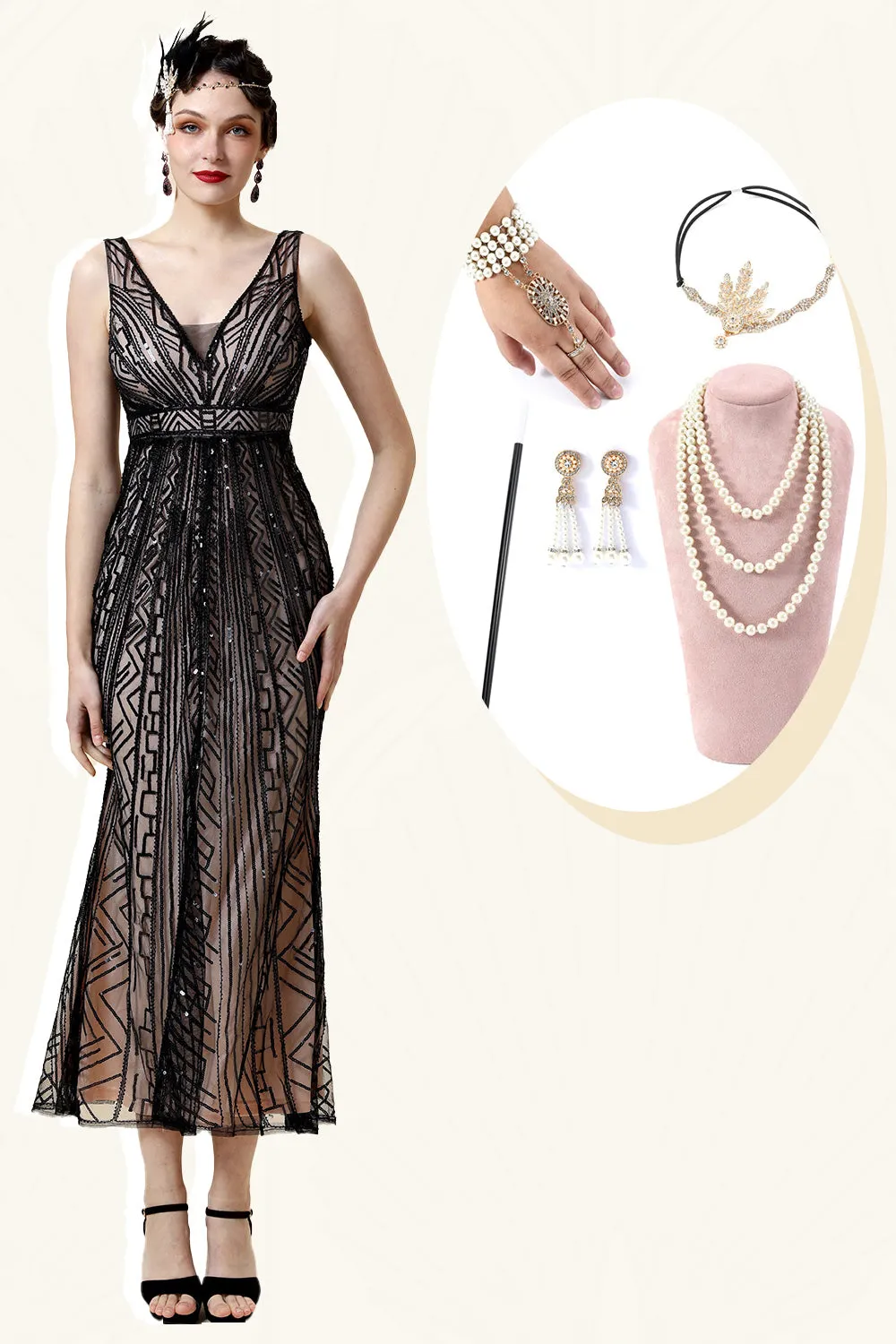 Pink Sequins Flapper Dress with 1920s Accessories Set sold by Zapaka