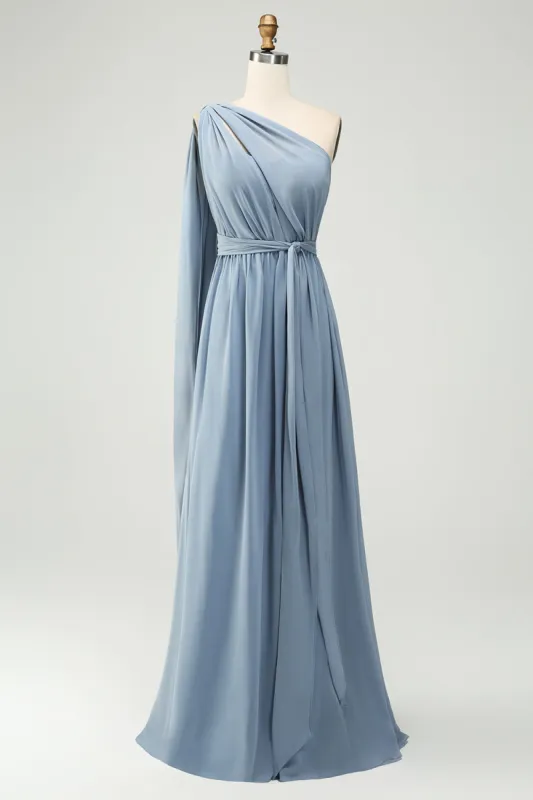 Convertible Chiffon A Line Dusty Blue Long Bridesmaid Dress sold by Zapaka