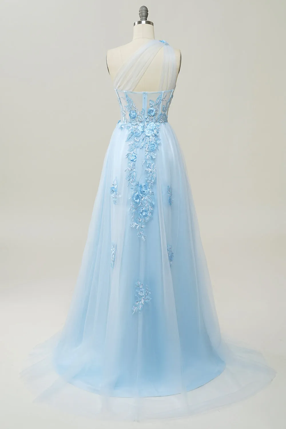A Line One Shoulder Sky Blue Long Prom Dress with Appliques sold by Zapaka product image thumbnail 2