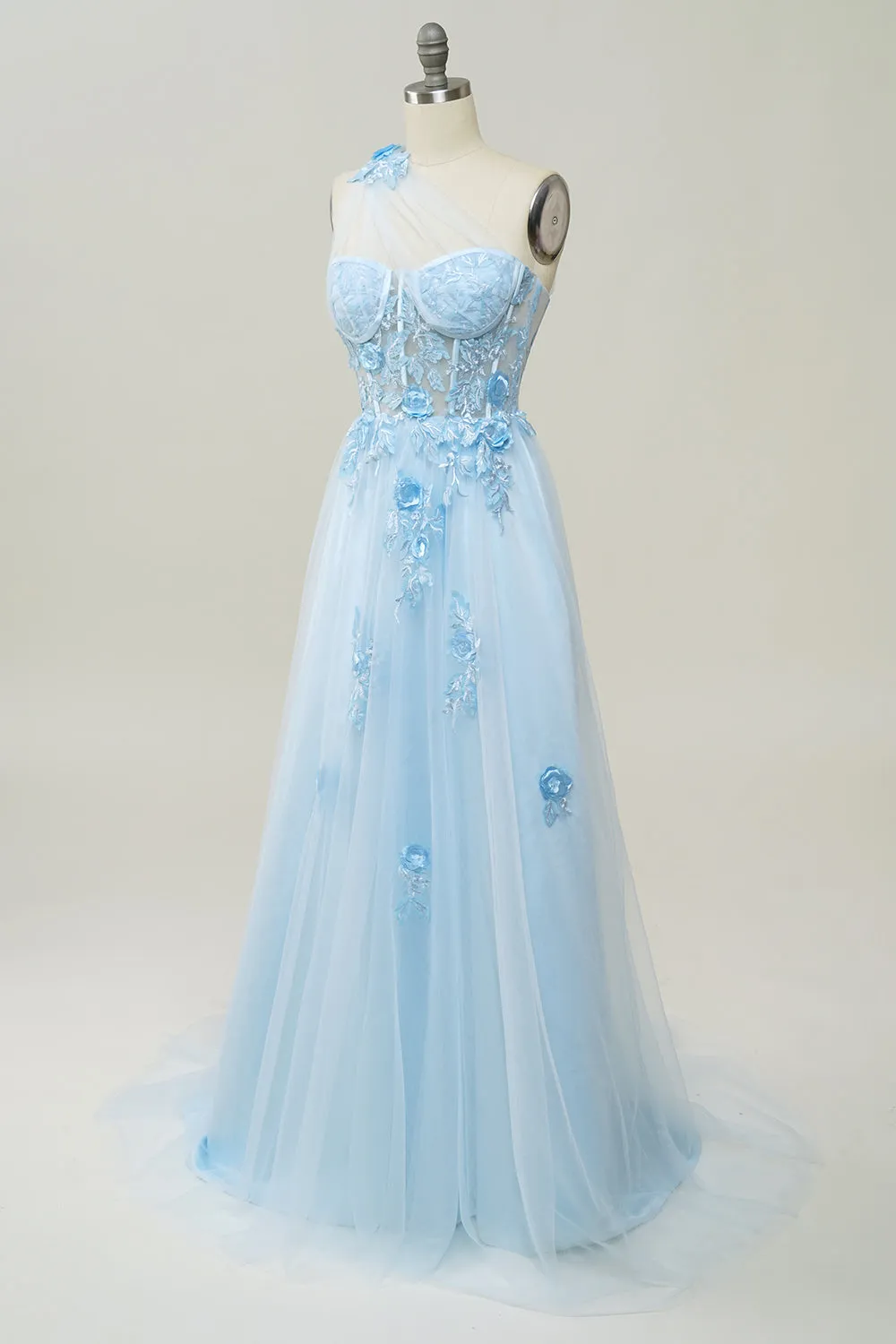 A Line One Shoulder Sky Blue Long Prom Dress with Appliques sold by Zapaka product image thumbnail 4