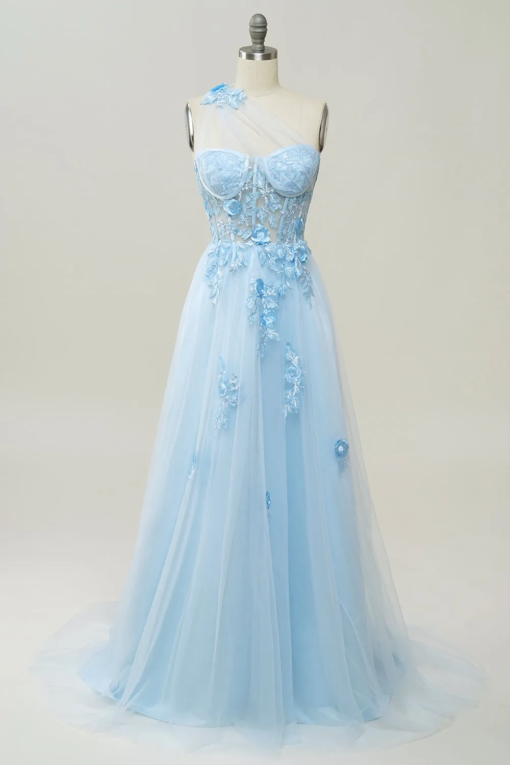 A Line One Shoulder Sky Blue Long Prom Dress with Appliques sold by Zapaka