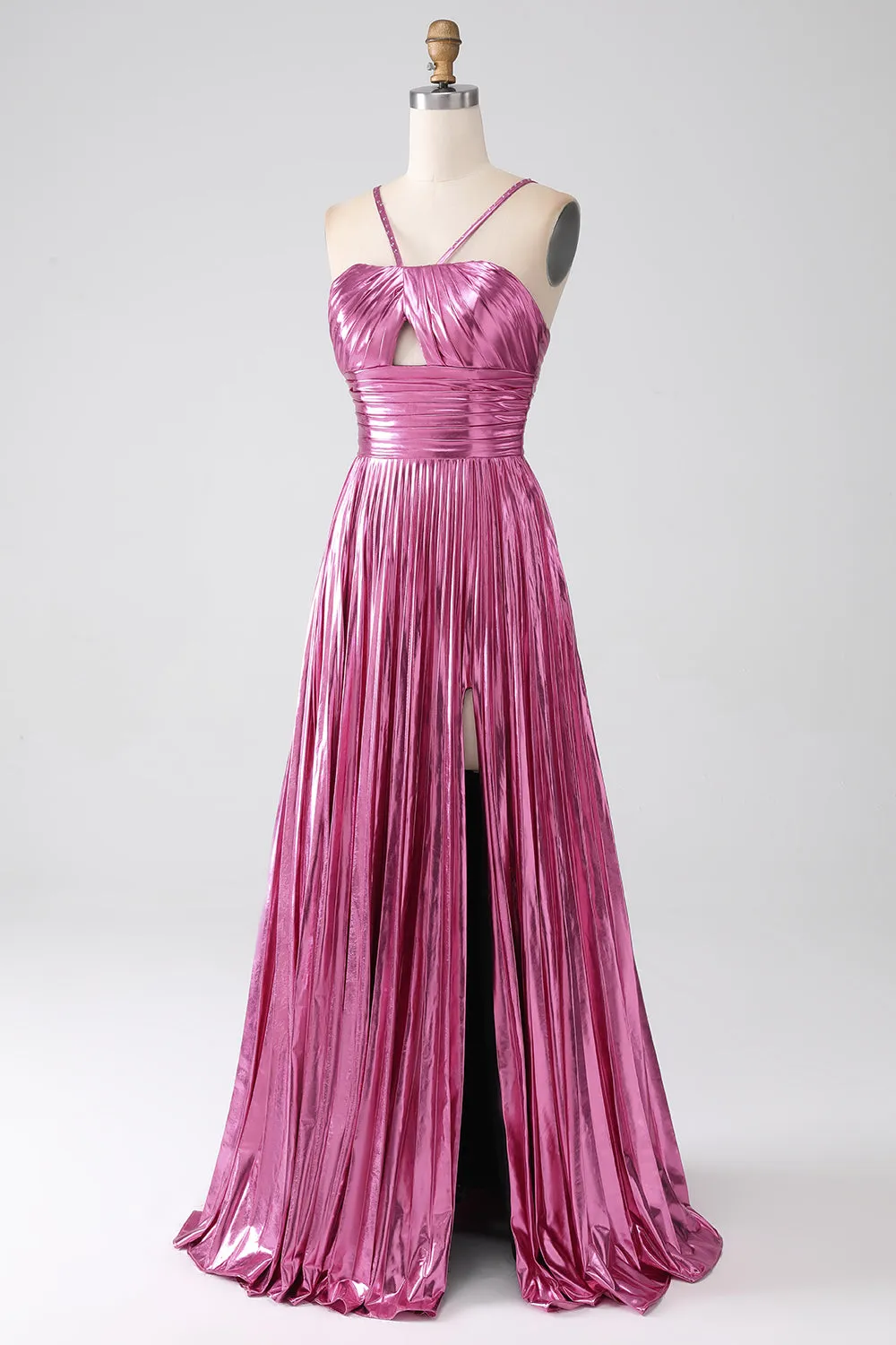 Fuchsia A-Line Spaghetti Straps Pleated Metallic Prom Dress with Slit sold by Zapaka product image thumbnail 3