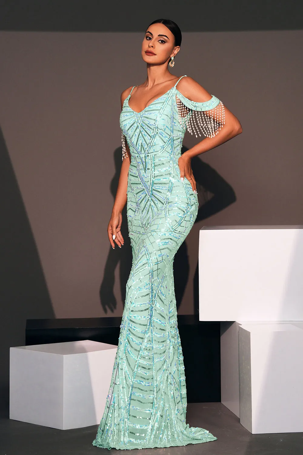 Sparkly Light Blue Cold Shoulder Sequined Mermaid Long Prom Dress sold by Zapaka product image thumbnail 4