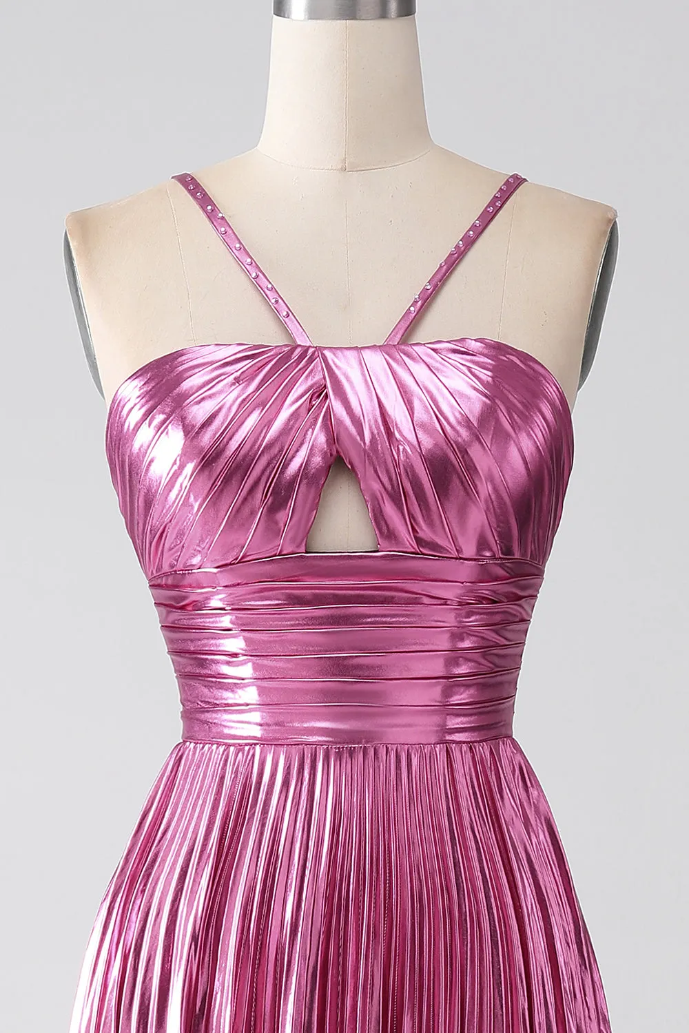 Fuchsia A-Line Spaghetti Straps Pleated Metallic Prom Dress with Slit sold by Zapaka product image thumbnail 4