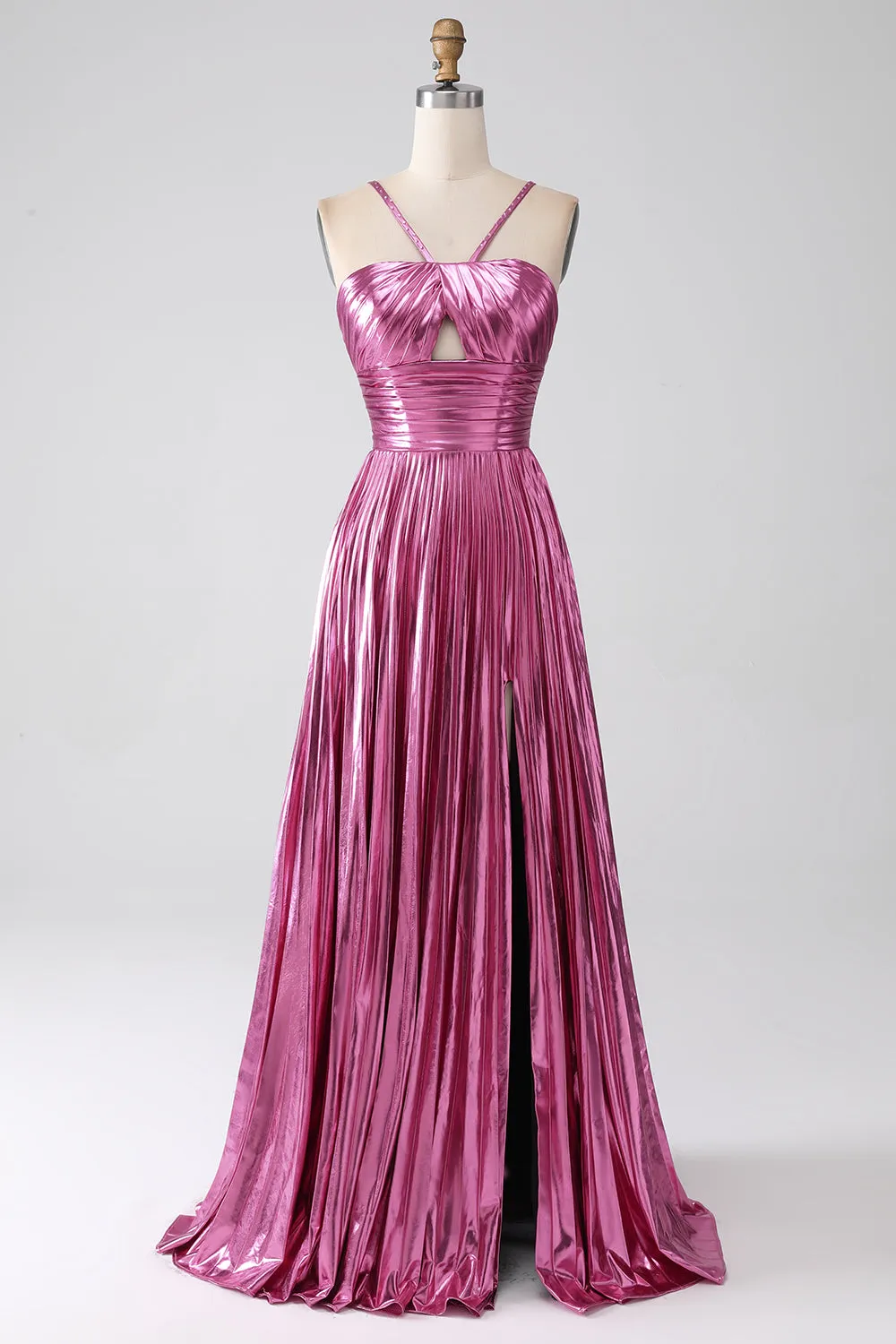 Fuchsia A-Line Spaghetti Straps Pleated Metallic Prom Dress with Slit sold by Zapaka