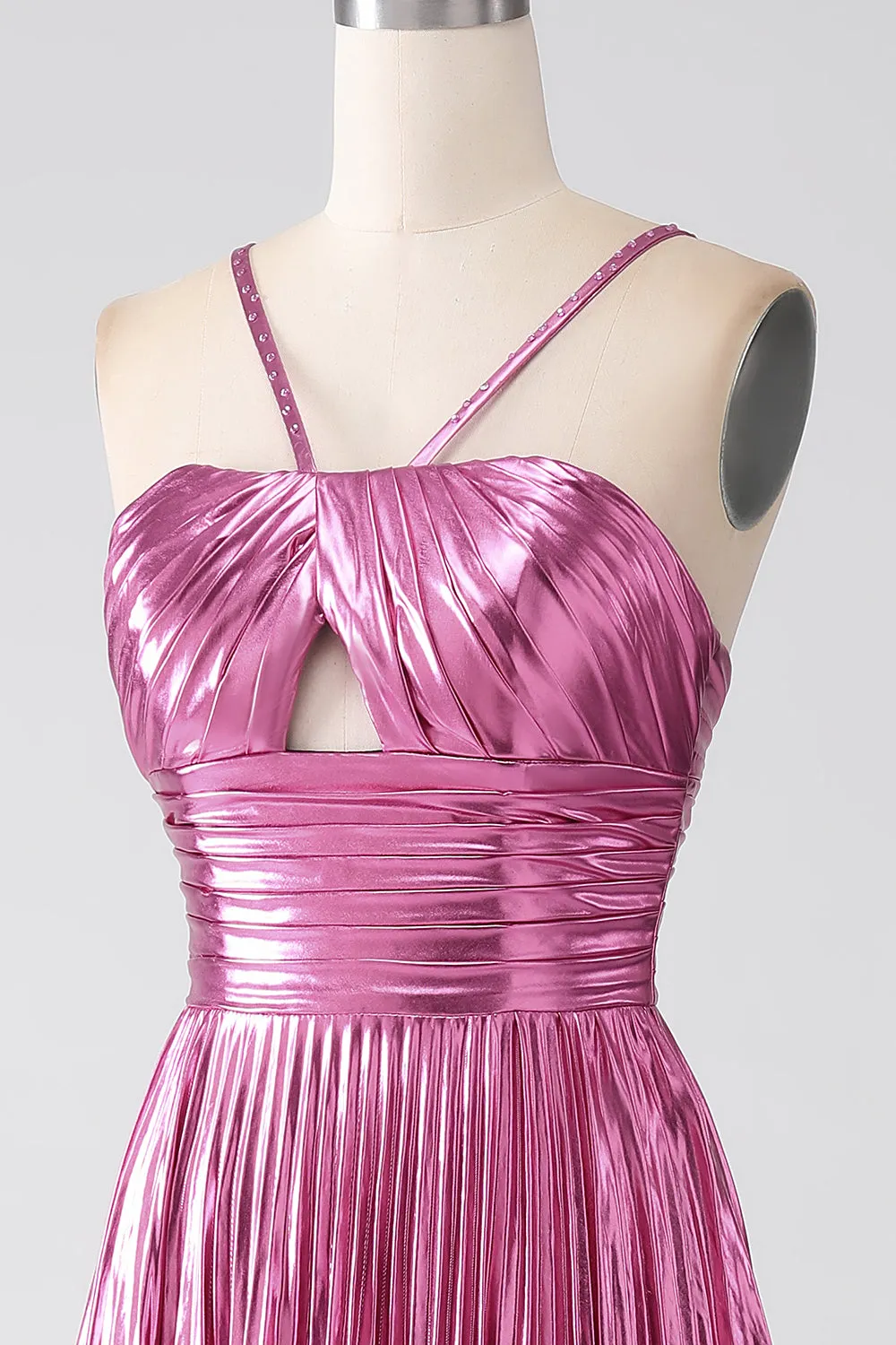 Fuchsia A-Line Spaghetti Straps Pleated Metallic Prom Dress with Slit sold by Zapaka product image thumbnail 5