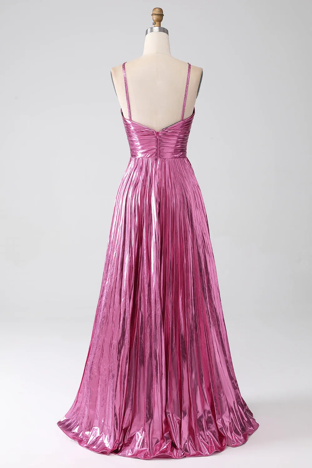 Fuchsia A-Line Spaghetti Straps Pleated Metallic Prom Dress with Slit sold by Zapaka product image thumbnail 2