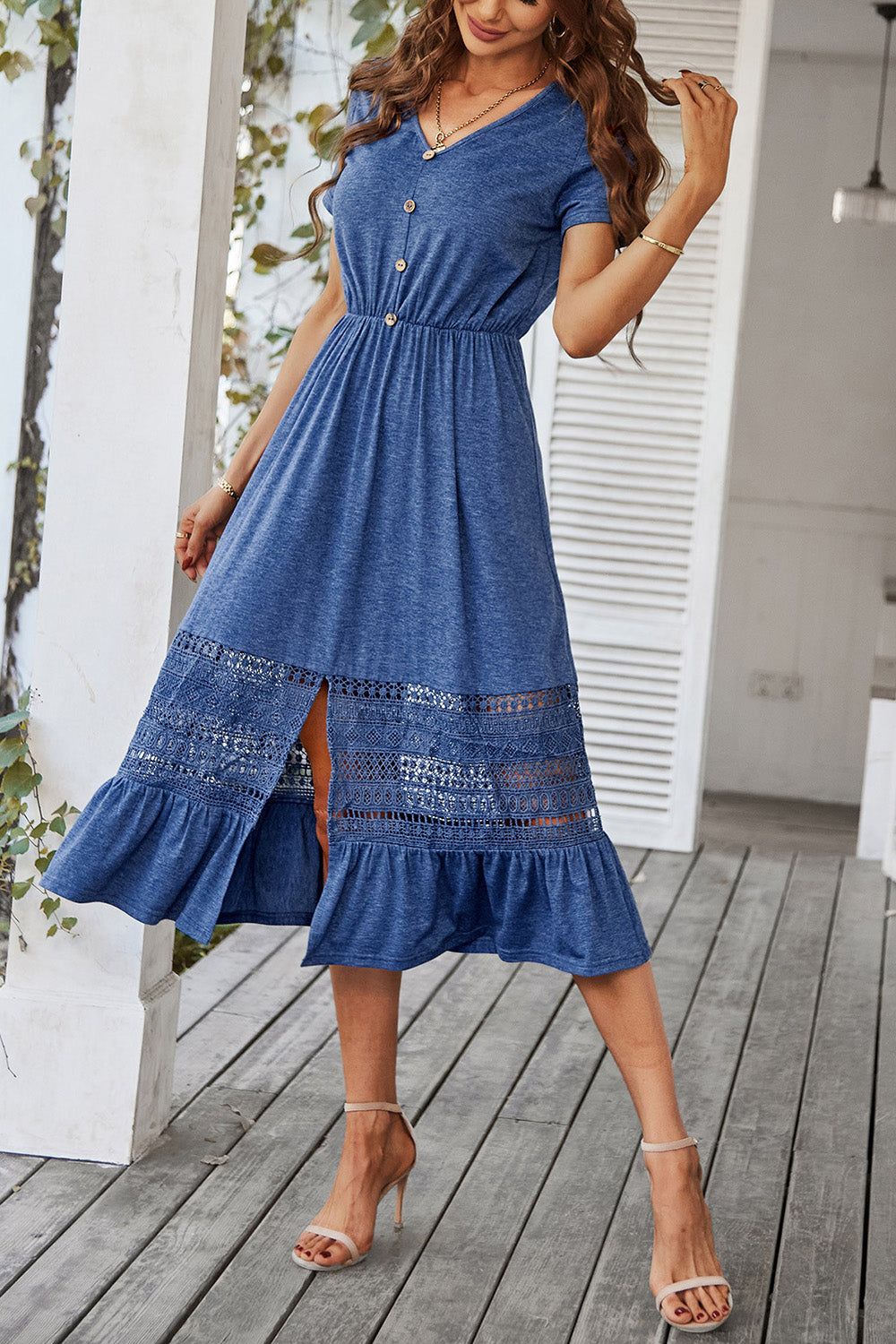 A Line V-neck Blue Summer Dress with Slit sold by Zapaka product image thumbnail 3