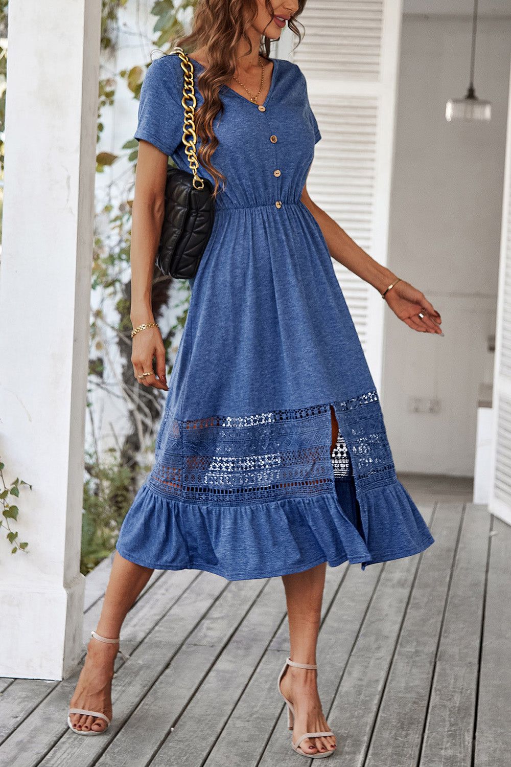 A Line V-neck Blue Summer Dress with Slit sold by Zapaka product image thumbnail 4