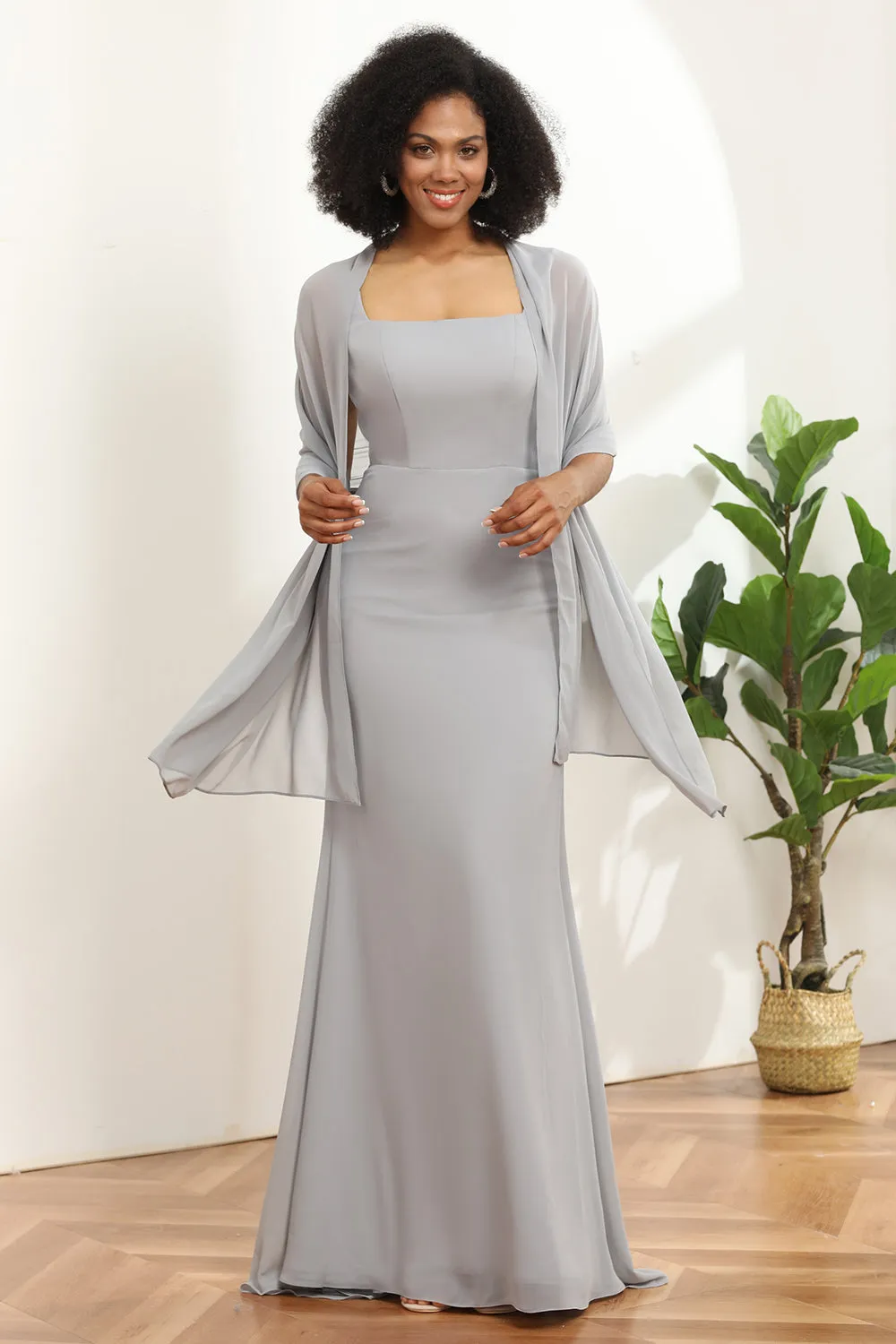 Grey Square Neck Mermaid Bridesmaid Dress with Cape sold by Zapaka