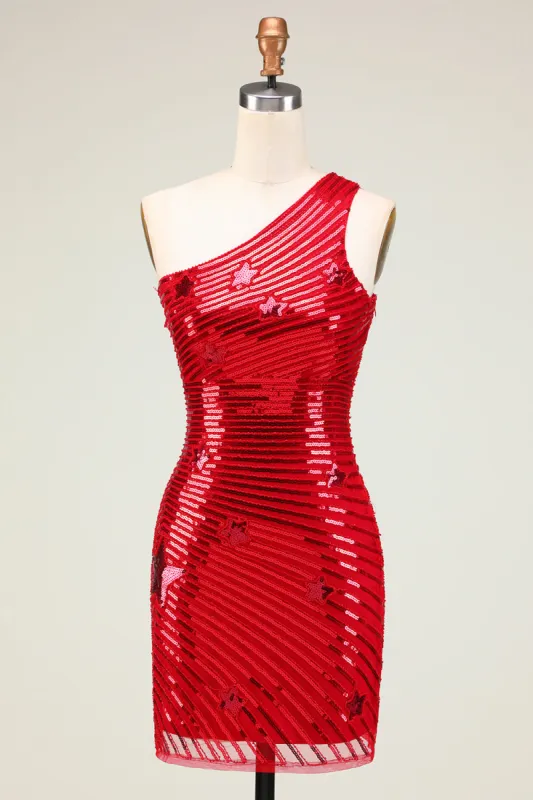 Cheap Sheath One Shoulder Red Sequins Short Homecoming Dress with Star sold by Zapaka