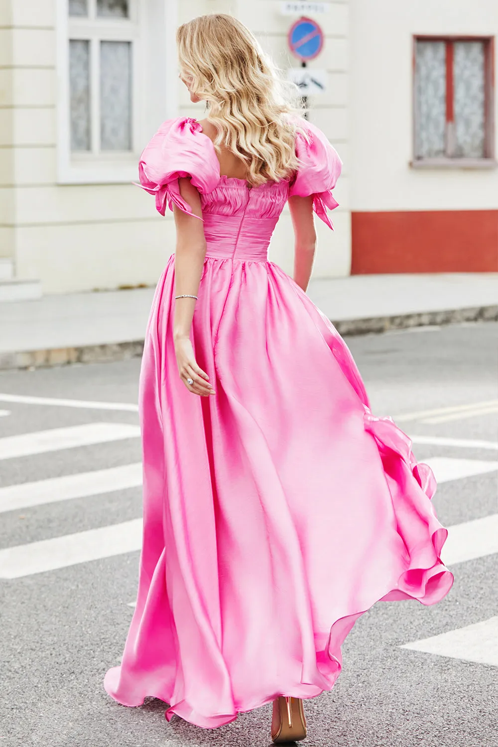 Princess A Line Square Neck Hot Pink Long Prom Dress with Puff Sleeves sold by Zapaka product image thumbnail 2