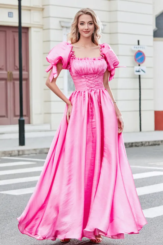 Princess A Line Square Neck Hot Pink Long Prom Dress with Puff Sleeves sold by Zapaka