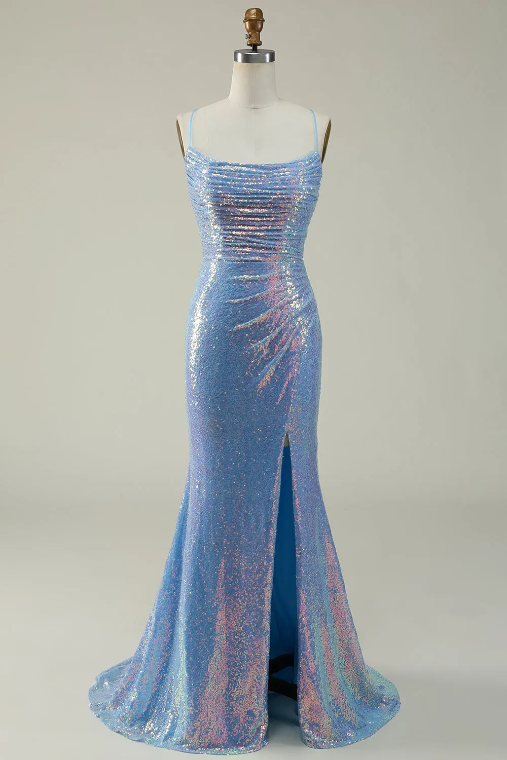Blue Sequined Spaghetti Straps Mermaid Prom Dress sold by Zapaka