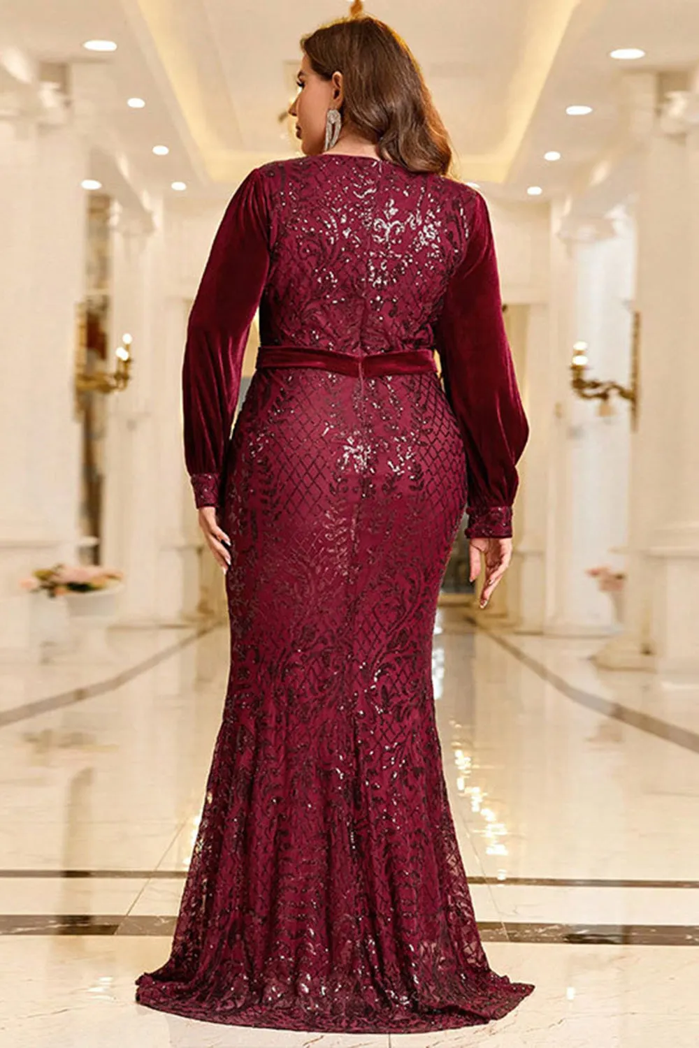 Sparkly Burgundy Plus Size Formal Dress with Long Sleeves sold by Zapaka product image thumbnail 2