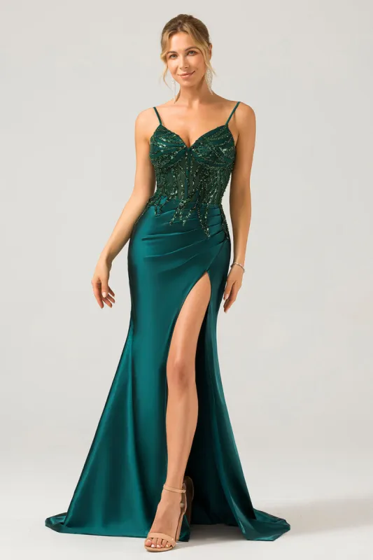 Sparkly Dark Green Mermaid Sequin Pleated Corset Long Prom Dress With Slit sold by Zapaka