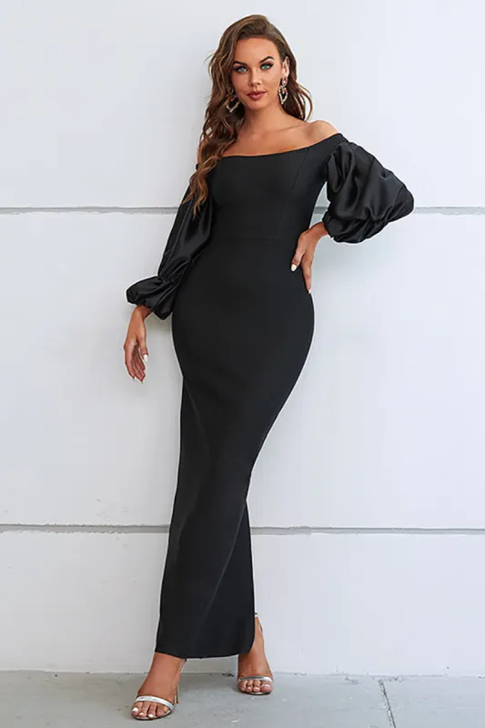 Mermaid Off The Shoulder Black Formal Dress with Puff Sleeves sold by Zapaka