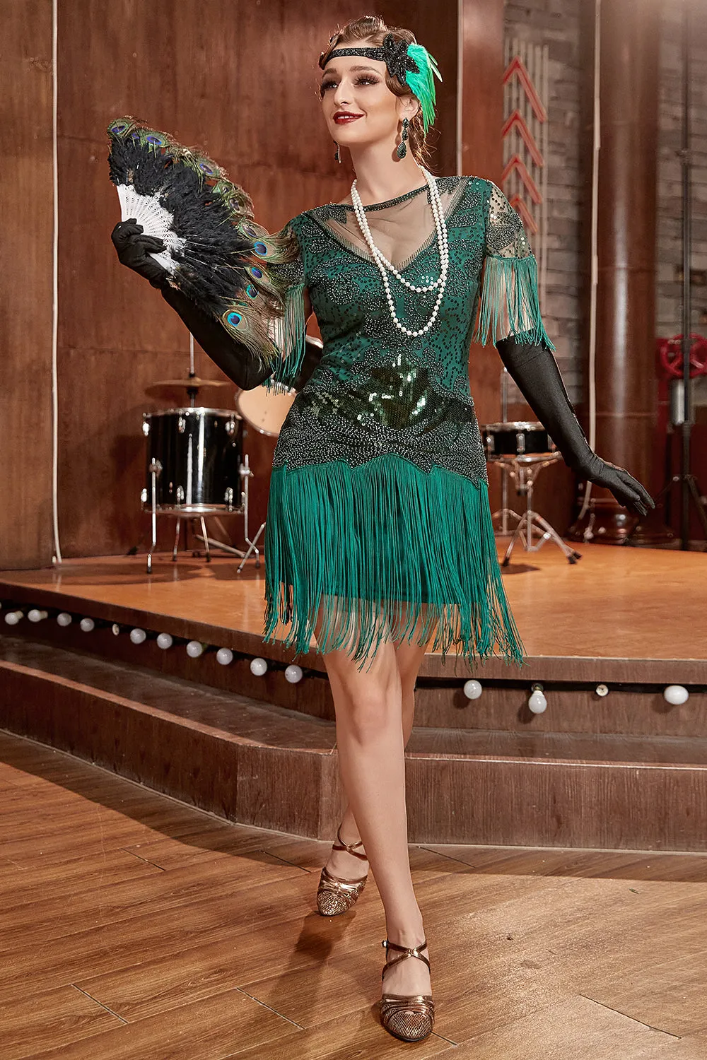 Dark Green Bateau Neck 1920s Gatsby Dress With Fringes sold by Zapaka product image thumbnail 3