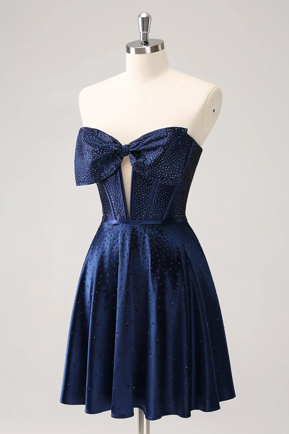 Sparkly Navy Beaded Corset Hollow Out Short Homecoming Dress With Bow sold by Zapaka product image thumbnail 3