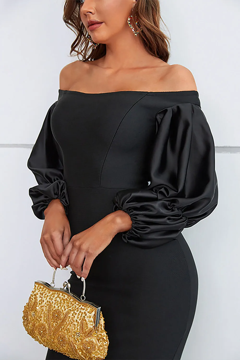 Mermaid Off The Shoulder Black Formal Dress with Puff Sleeves sold by Zapaka product image thumbnail 5