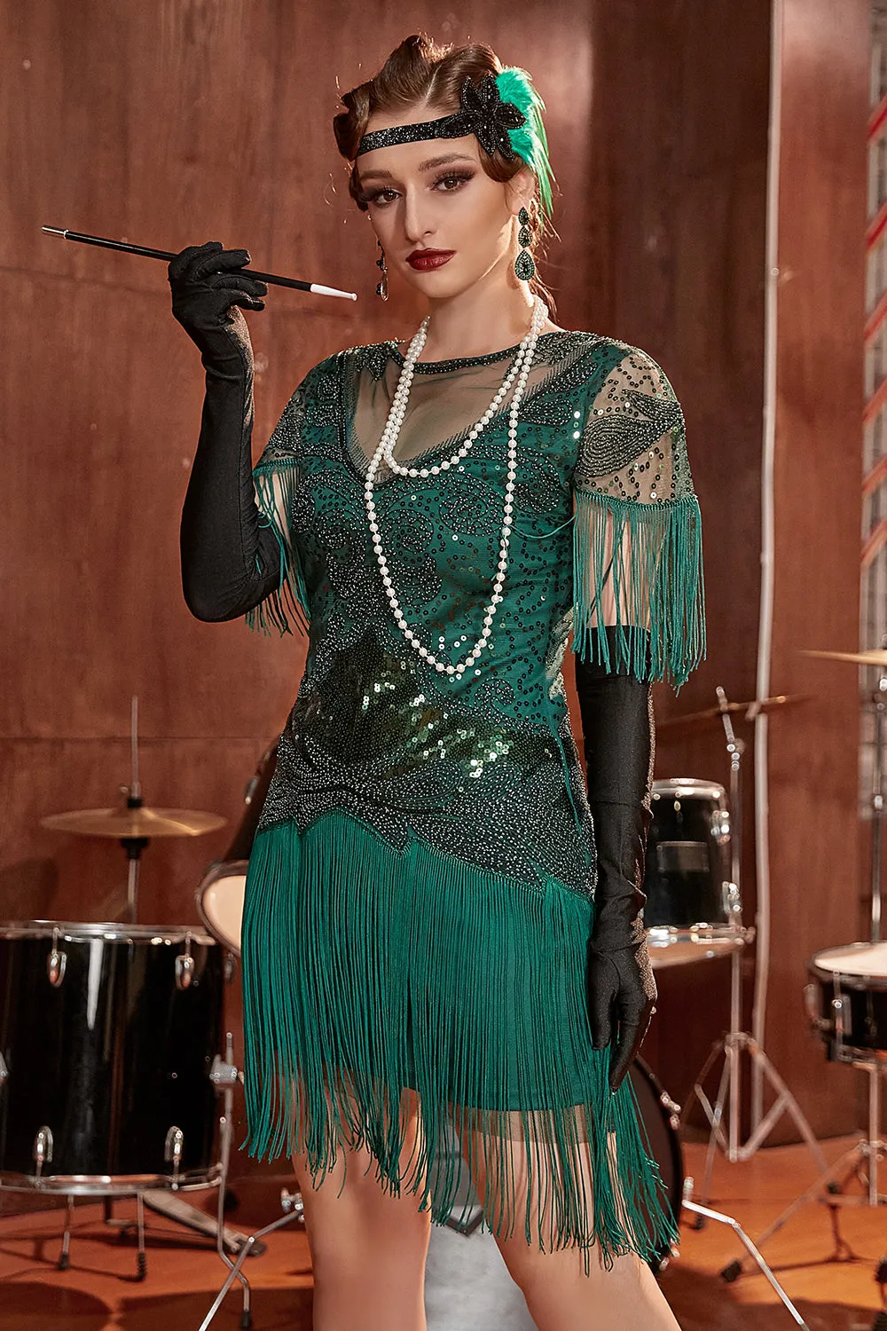 Dark Green Bateau Neck 1920s Gatsby Dress With Fringes sold by Zapaka