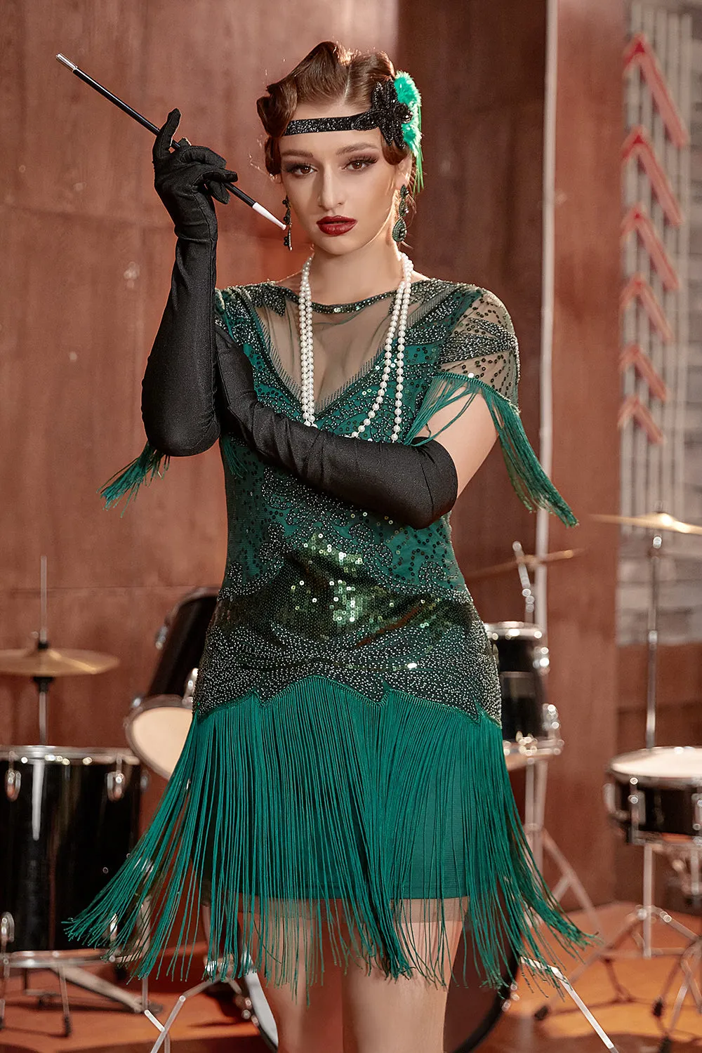 Dark Green Bateau Neck 1920s Gatsby Dress With Fringes sold by Zapaka product image thumbnail 5