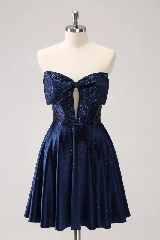 Sparkly Navy Beaded Corset Hollow Out Short Homecoming Dress With Bow sold by Zapaka