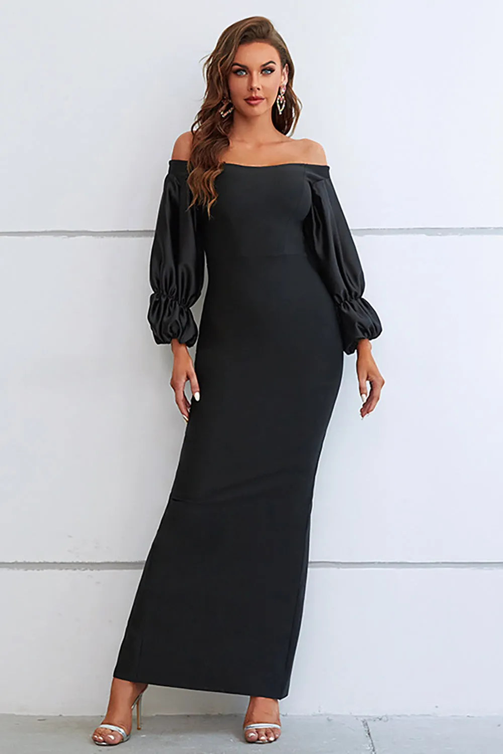 Mermaid Off The Shoulder Black Formal Dress with Puff Sleeves sold by Zapaka product image thumbnail 3