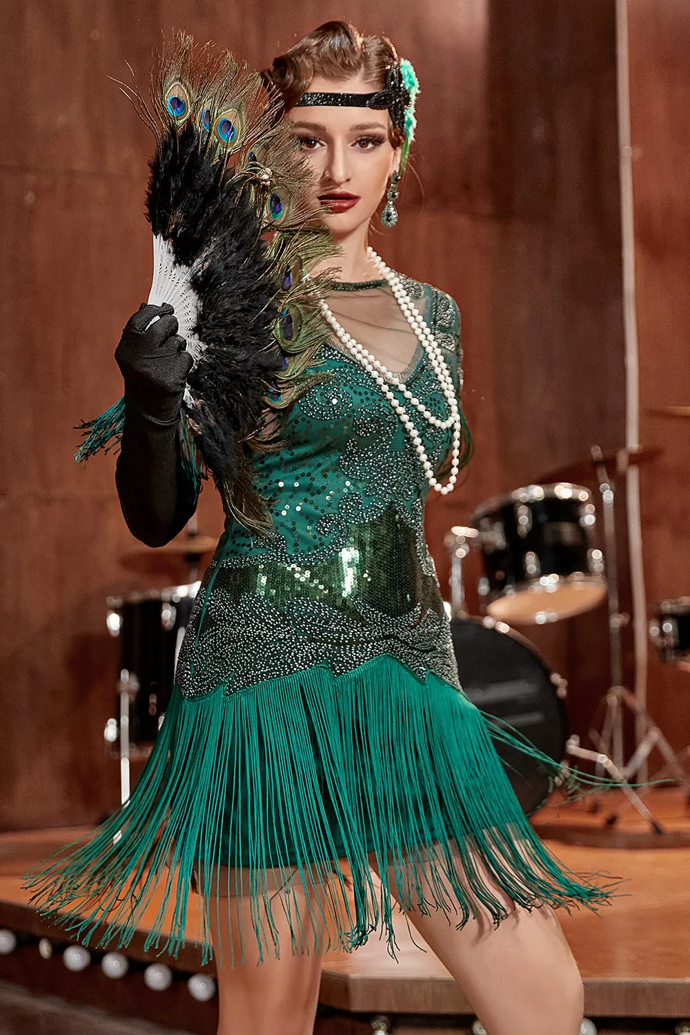Dark Green Bateau Neck 1920s Gatsby Dress With Fringes sold by Zapaka product image thumbnail 4