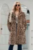 Brown Notched Lapel Leopard Printed Long Women Faux Fur Coat sold by Zapaka