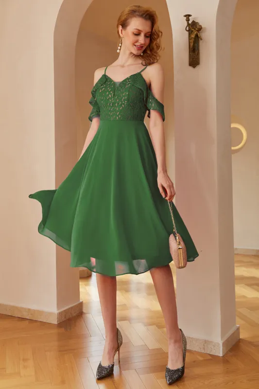 A Line Off the Shoulder Dark Green Lace Dress sold by Zapaka