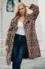 Brown Notched Lapel Leopard Printed Long Women Faux Fur Coat sold by Zapaka